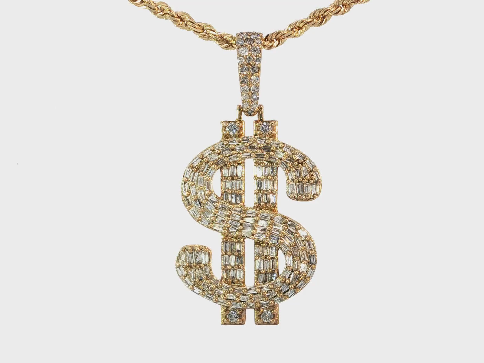 10k Gold Diamond Dollar Sign Pendant with Round & Baguette Accents 2.5ct