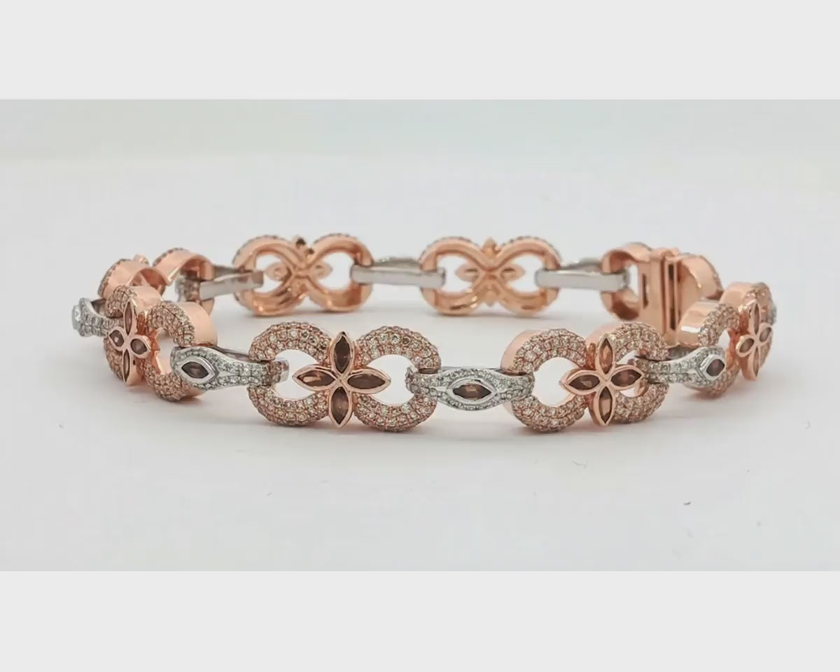 10K Gold Diamond Floral Link Bracelet with Marquise Accents & Pavé Design 3.5ct – product video