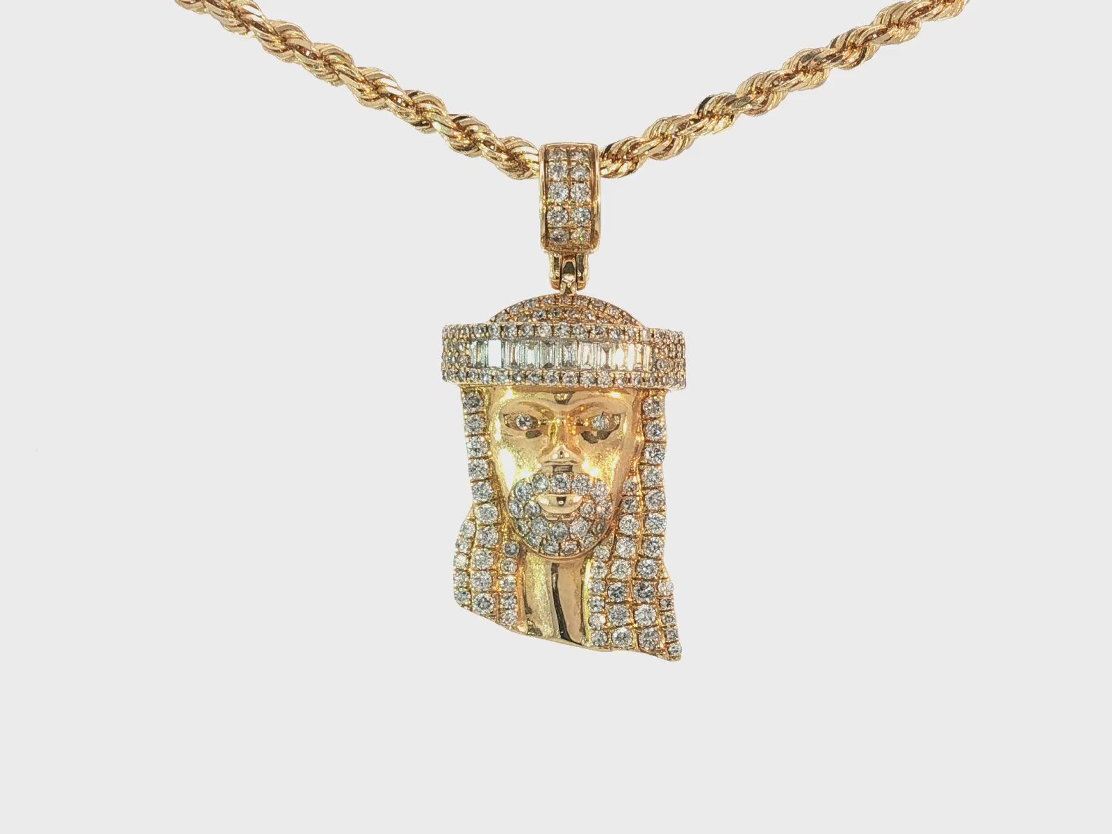 14k Gold Diamond Jesus Head Pendant with Baguette & Round-Cut Detailing 1.78ct