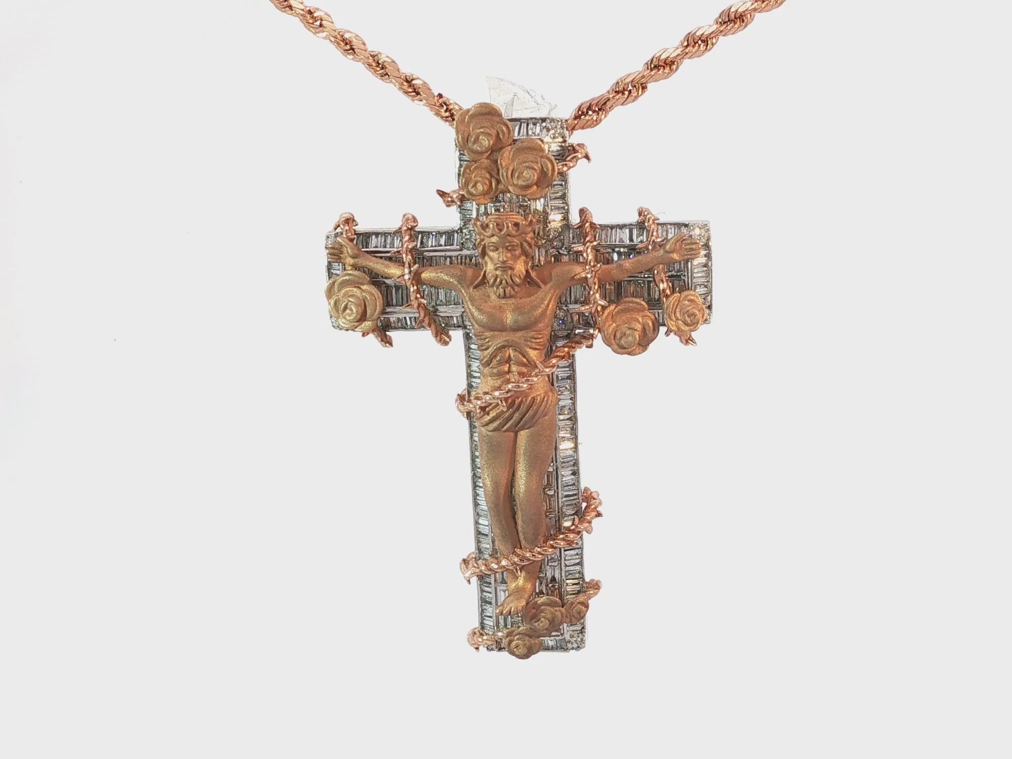 10k Gold Diamond Cross Pendant with Jesus & Floral Accents 3.4ct