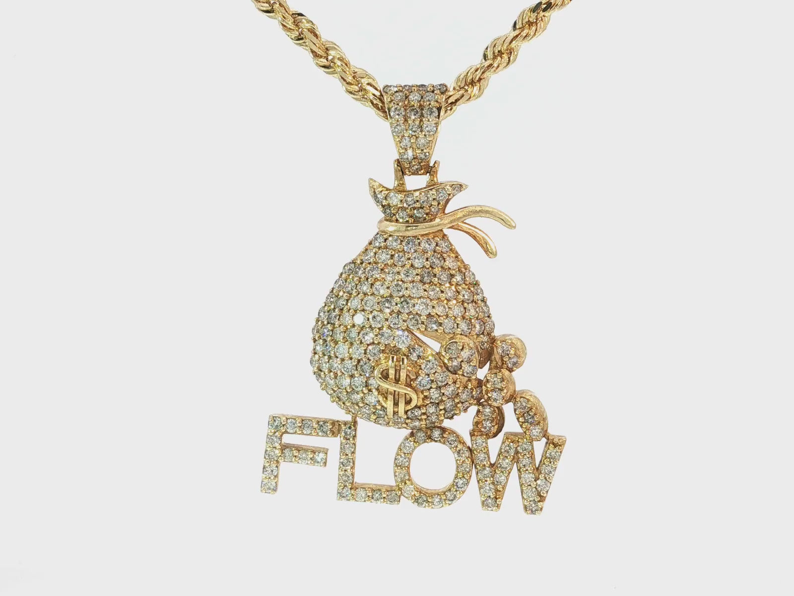 10k Gold Diamond Money Bag & “FLOW” Pendant with Round-Cut Accents 2.75ct