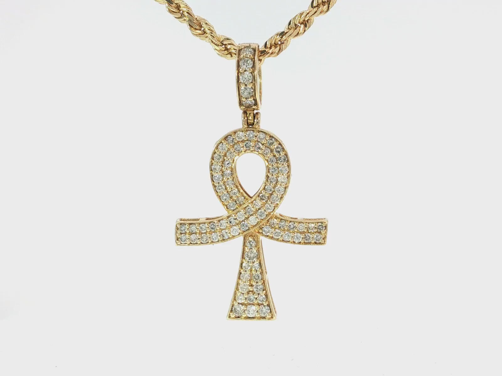 14k Gold Diamond Ankh Pendant with Round-Cut Accents 1.09ct