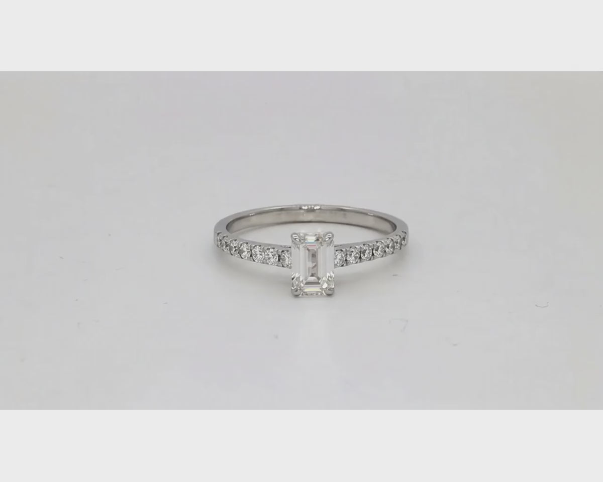 14k Gold Diamond Ring with Emerald-Cut Center and Pavé Band 0.90 CT – product video