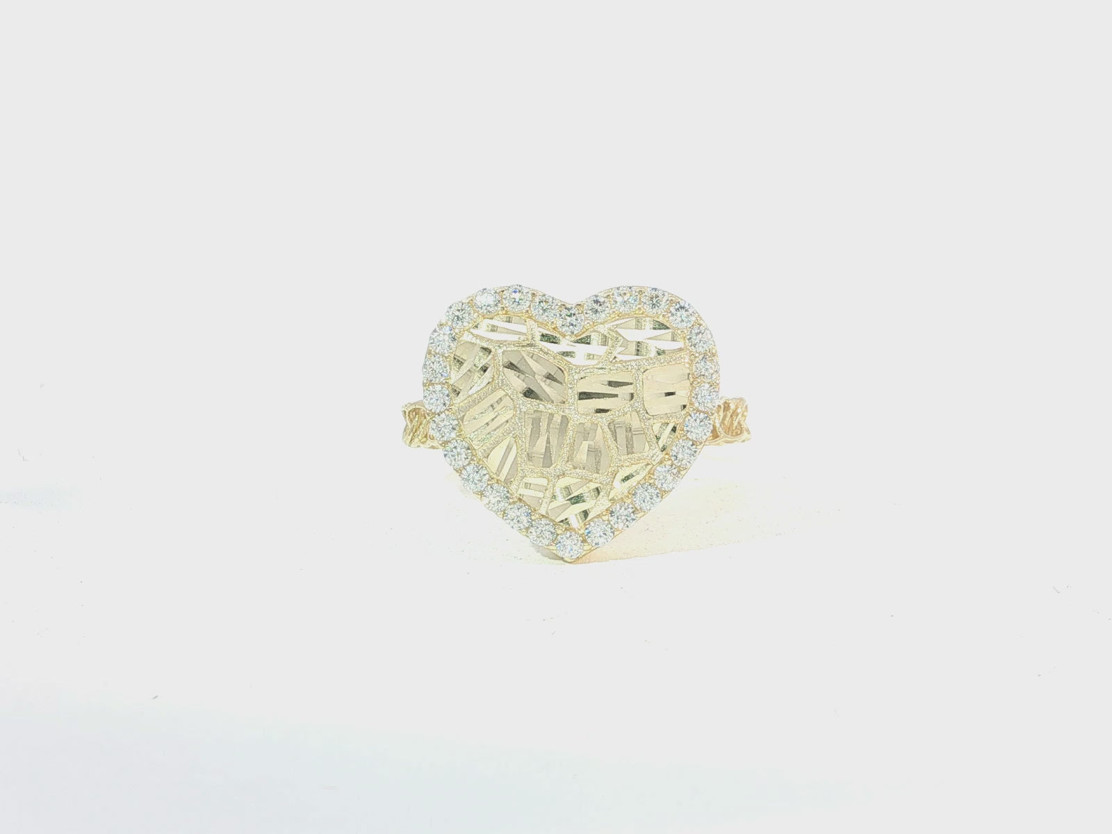 10K Gold Textured Open Heart Cubic Zirconia Ring