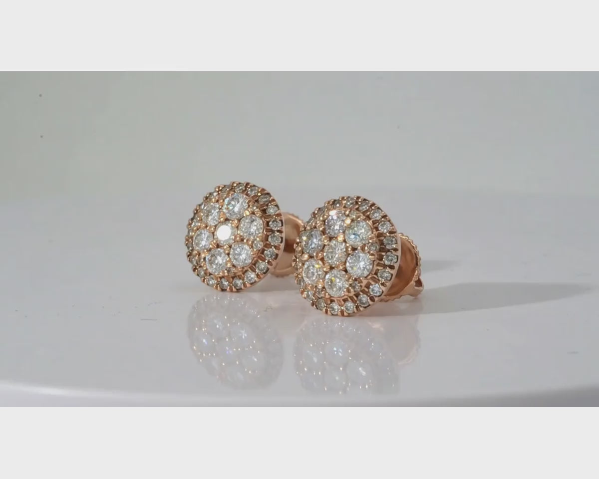 14k Gold Diamond Round Cluster Earrings with Halo Double Row Design 1.03ct – product video