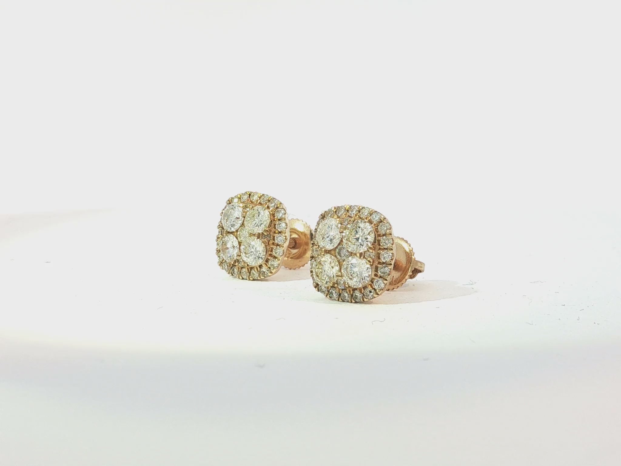 14k Gold Diamond Cushion-Shape Cluster Stud Earrings with Round-Cut Halo 1.00ct