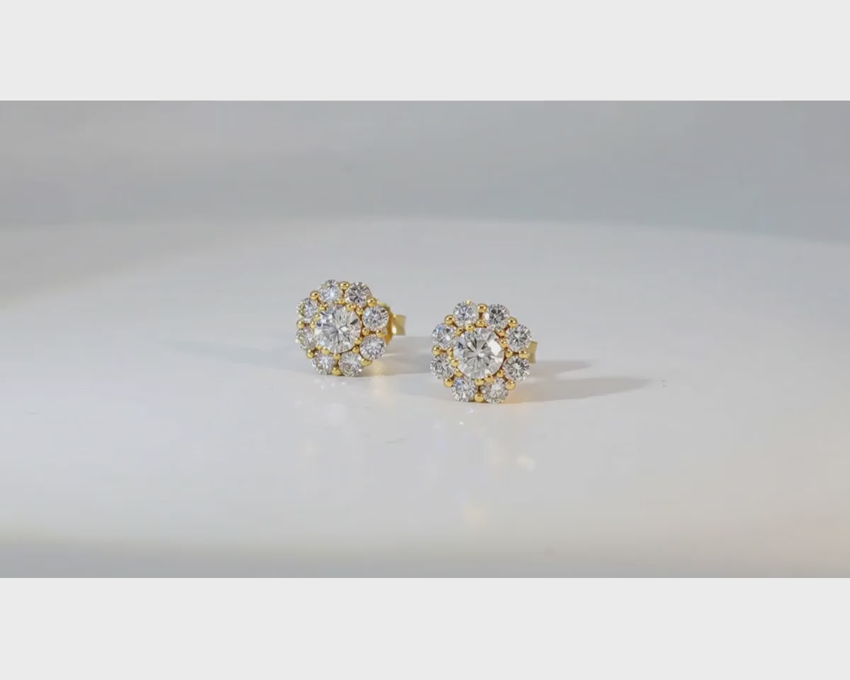10k Gold Diamond Floral Earrings with Round Brilliant 1.04ct – product video