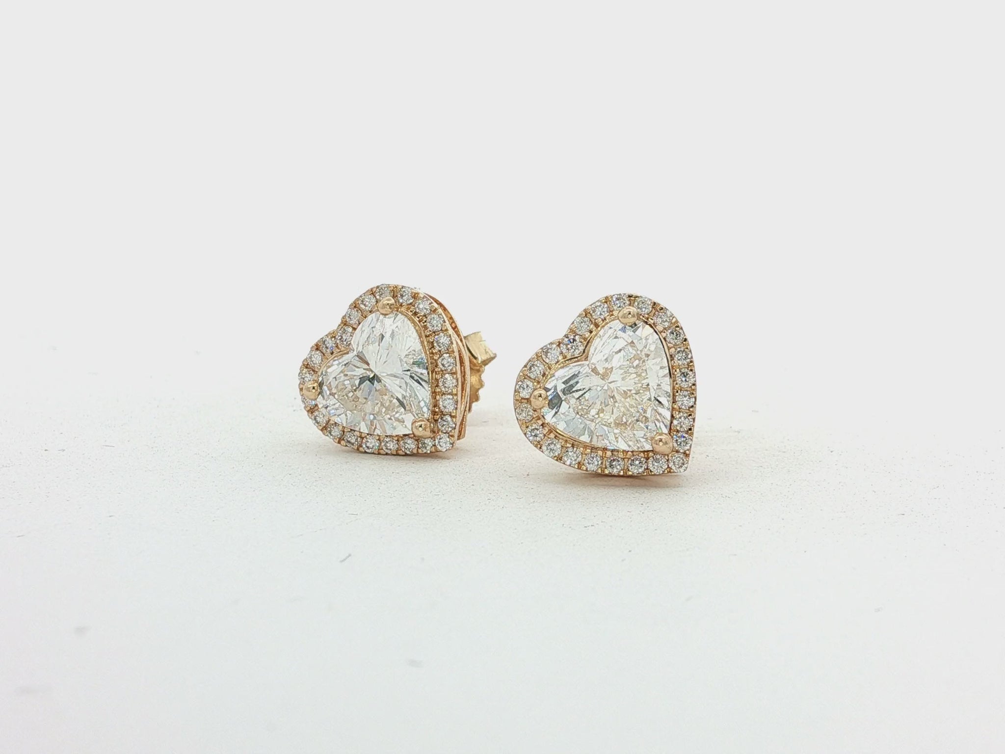 14k Gold Diamond Heart-Shaped Stud Earrings with Halo Design 3.65c