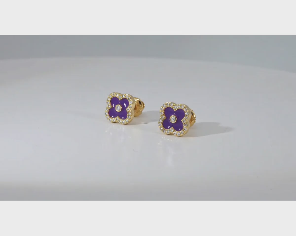 10k Gold Diamond Clover Earrings with Enamel Design 0.14ct – product video