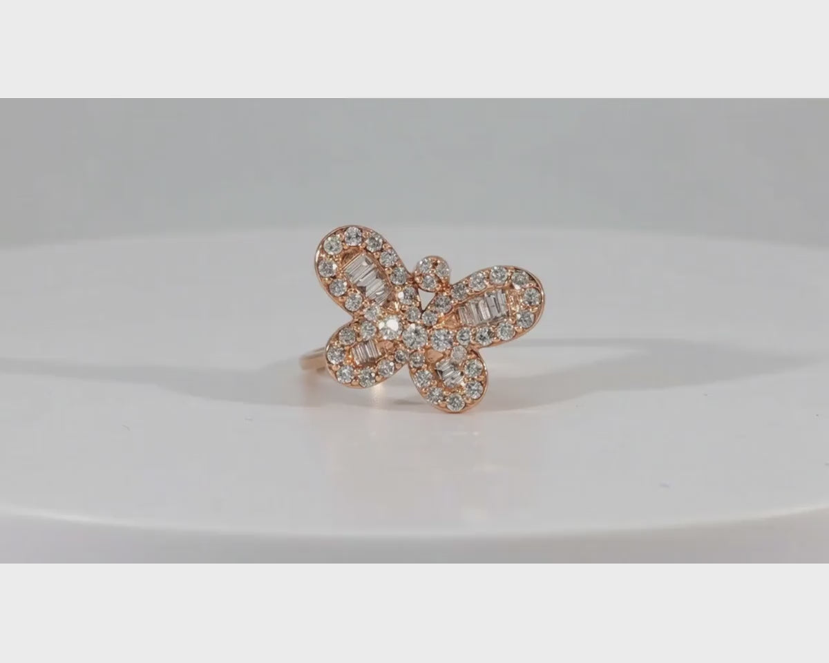 10k Gold Butterfly-Design Ring with Round and Baguette Diamonds 0.75ct – product video