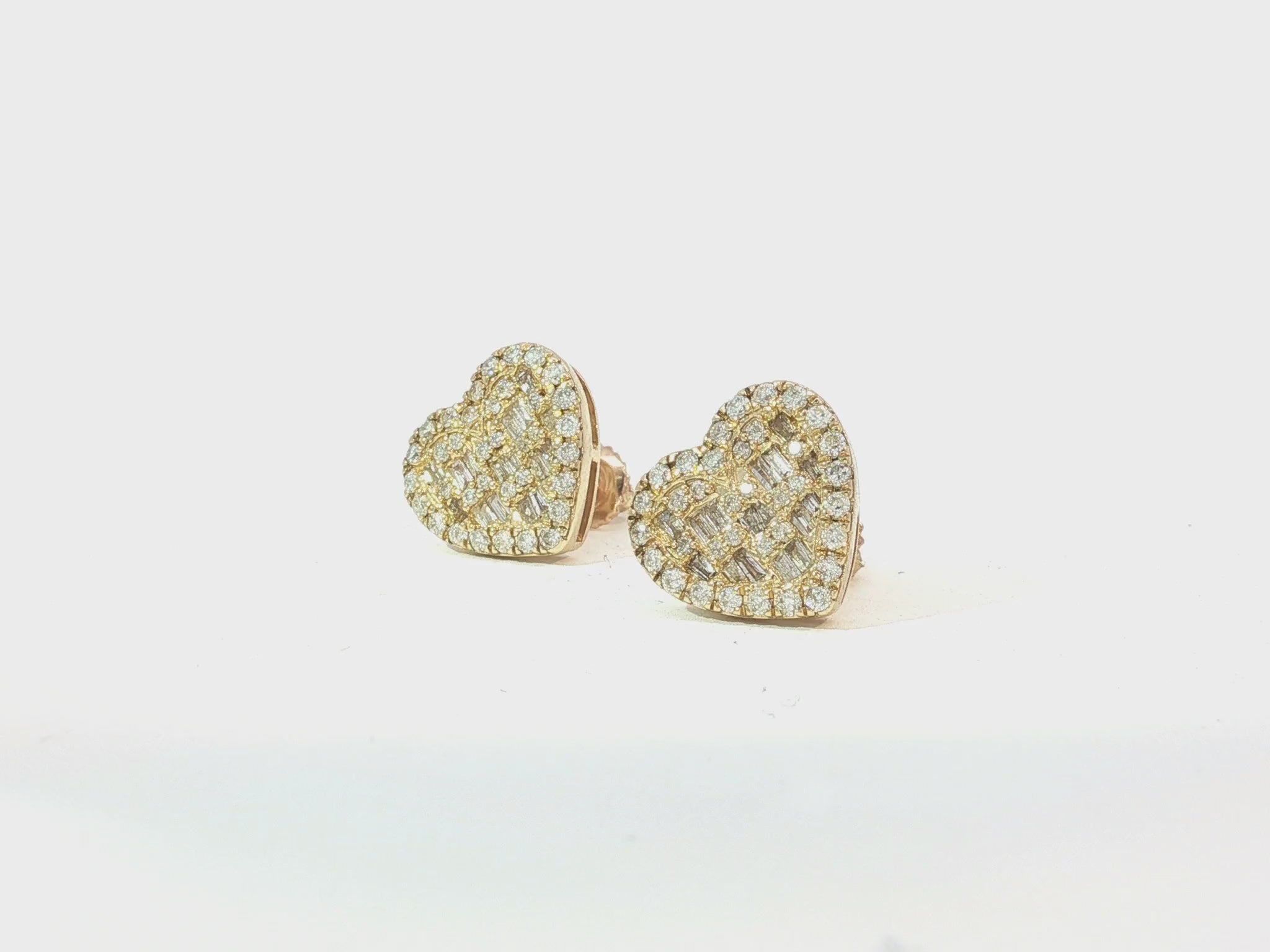 10k Gold Diamond Heart Earrings with Round & Baguette Cluster Design 0.75ct
