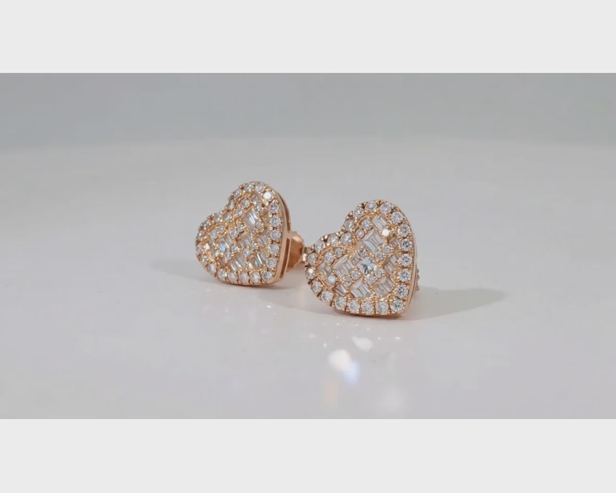 10k Gold Diamond Heart Earrings with Round & Baguette Cluster Design 0.75ct – product video
