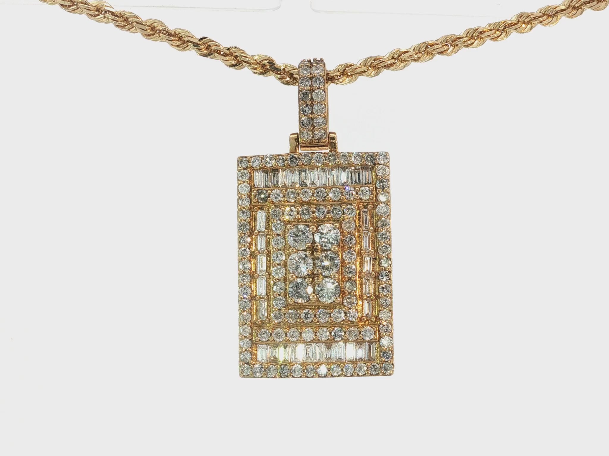 10k Gold Diamond Rectangular Pendant with Baguette & Round Accents 4.0ct