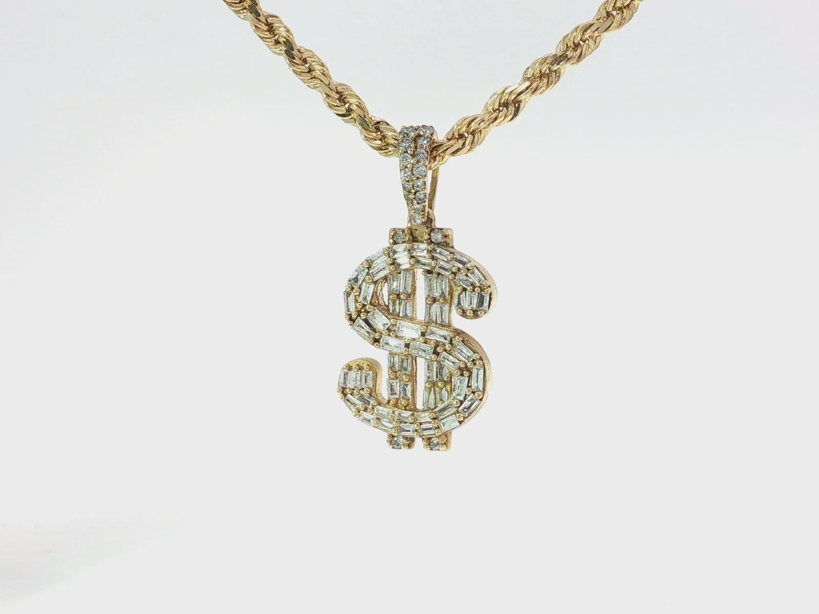 10k Gold Diamond Pendant with Dollar Sign & Baguette-Cut Detailing 0.85ct