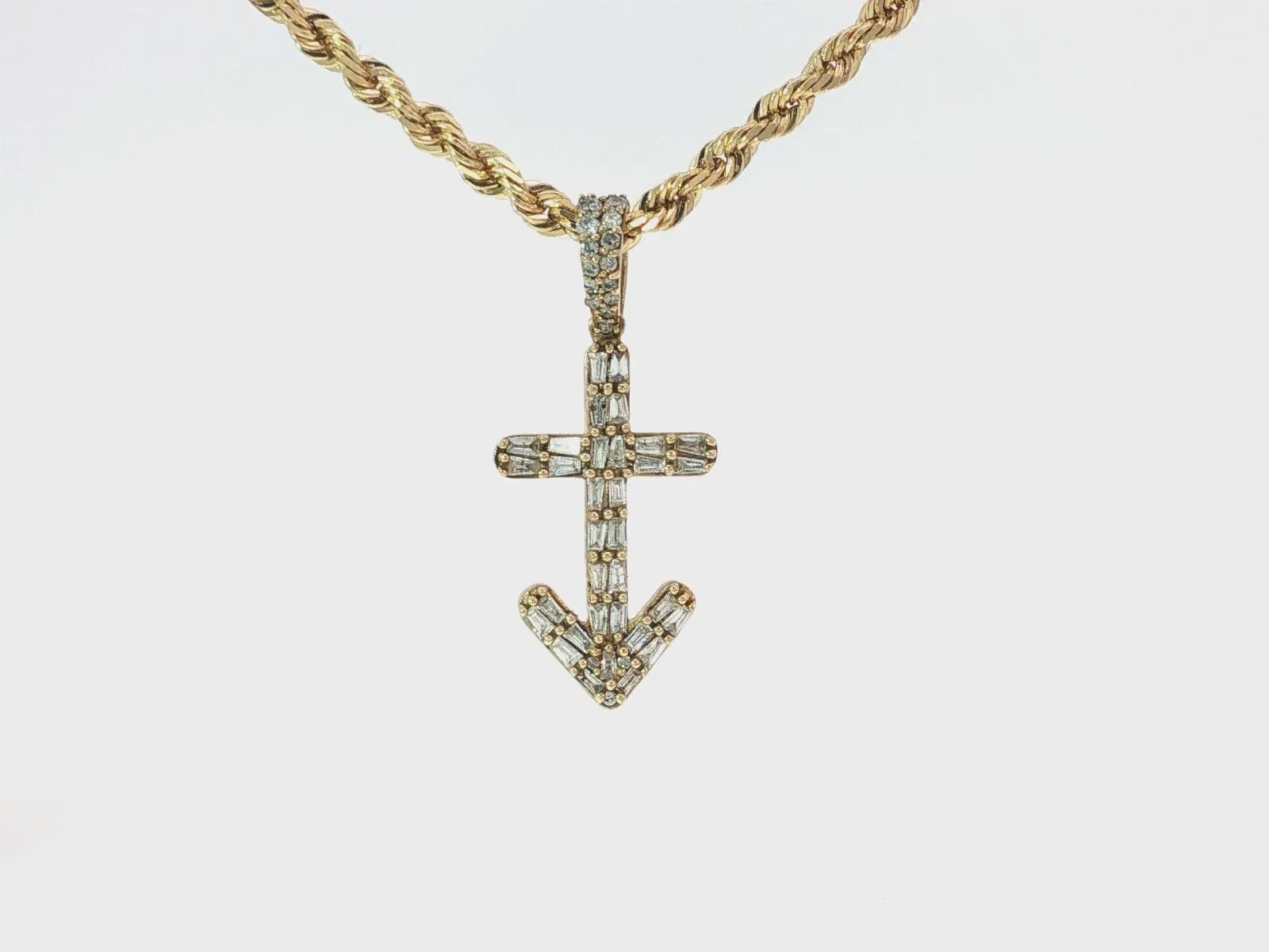 10k Gold Diamond Arrow Cross Pendant with Round & Baguette Accents 0.70ct