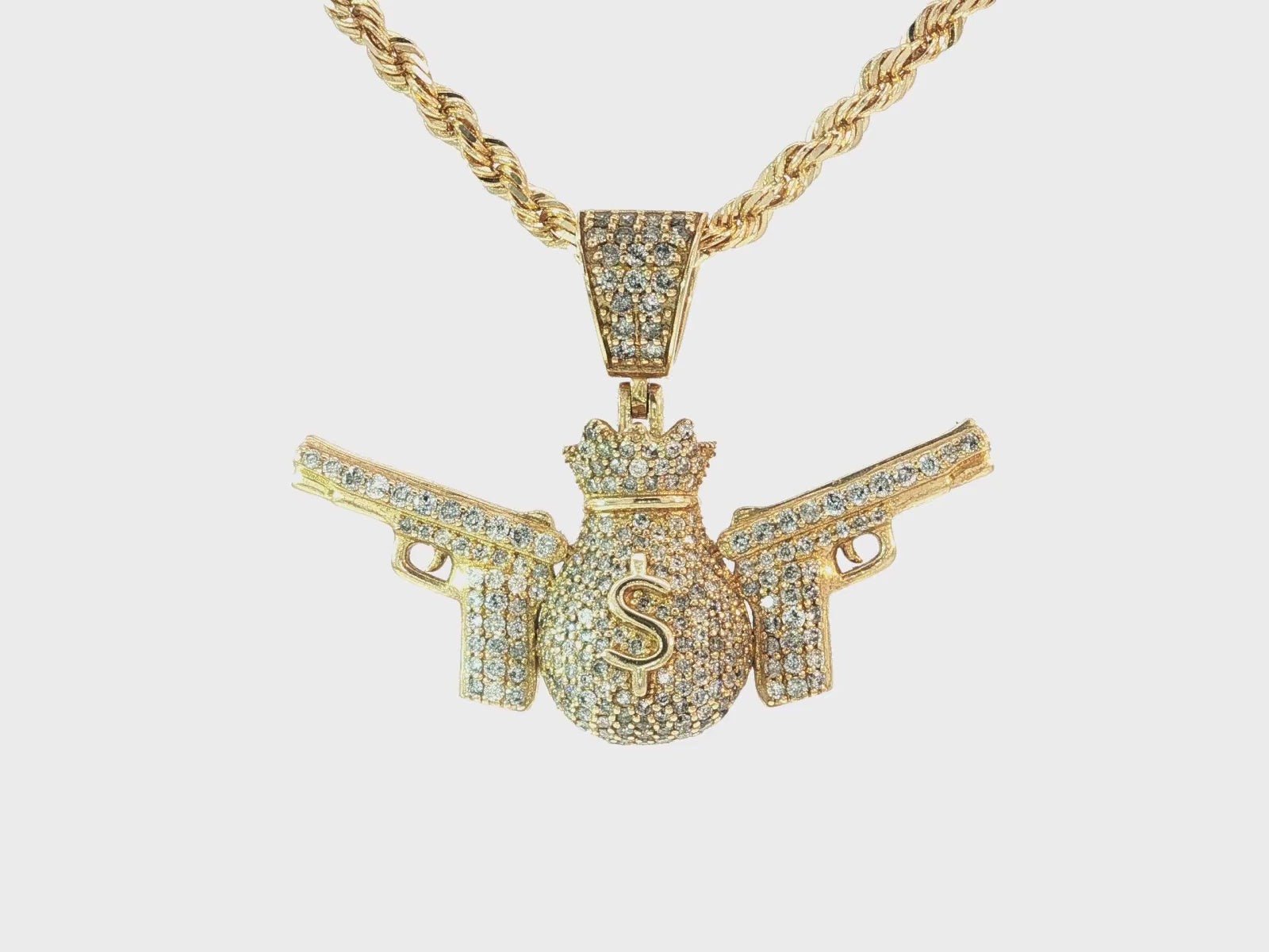 10k Gold Diamond Money Bag & Dual Gun Pendant with Round Accents 2.0ct
