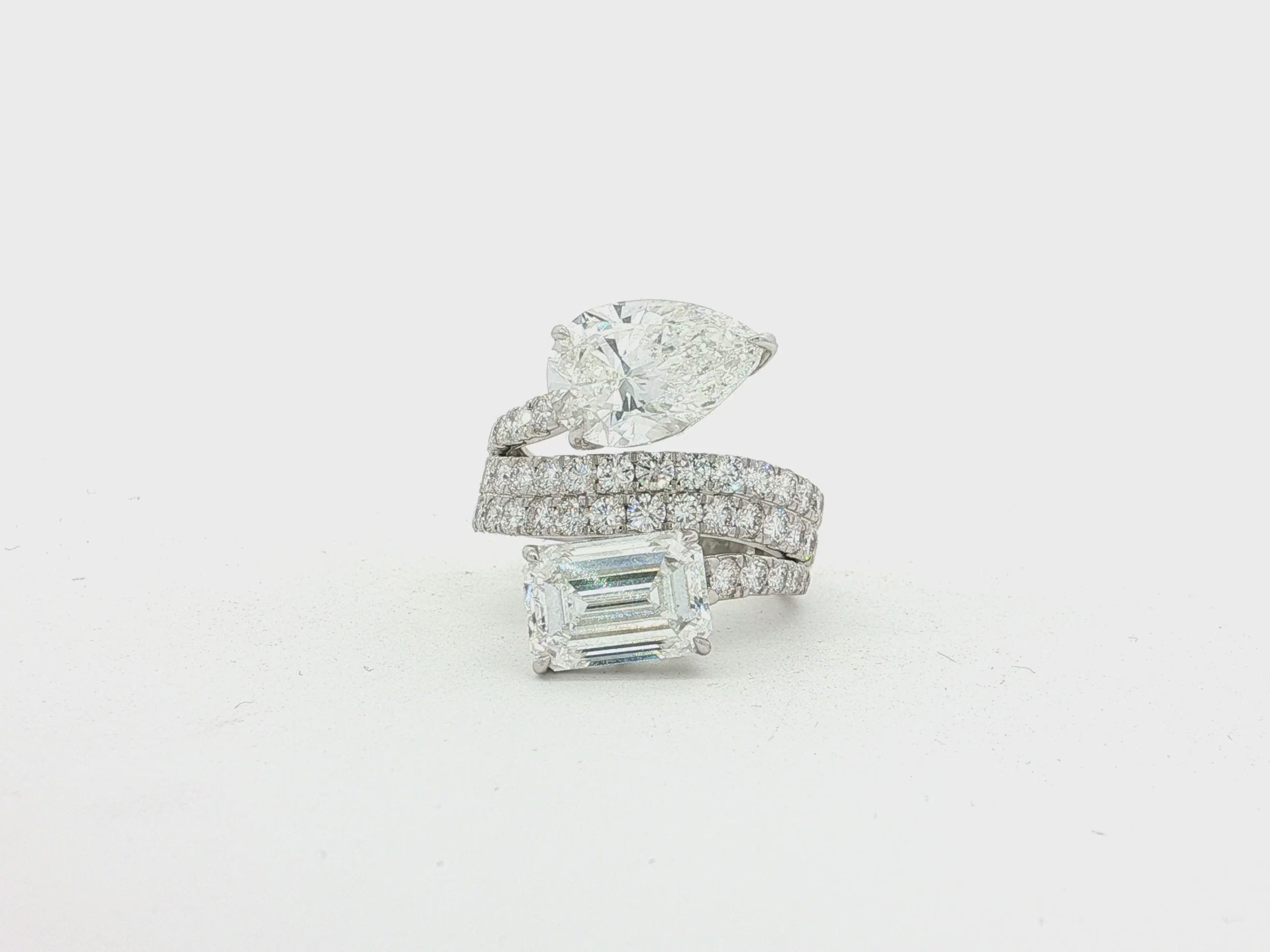 14K Gold Diamond Ring with Pear & Emerald-Cut Two-Stone Wrap Design 7.51ct