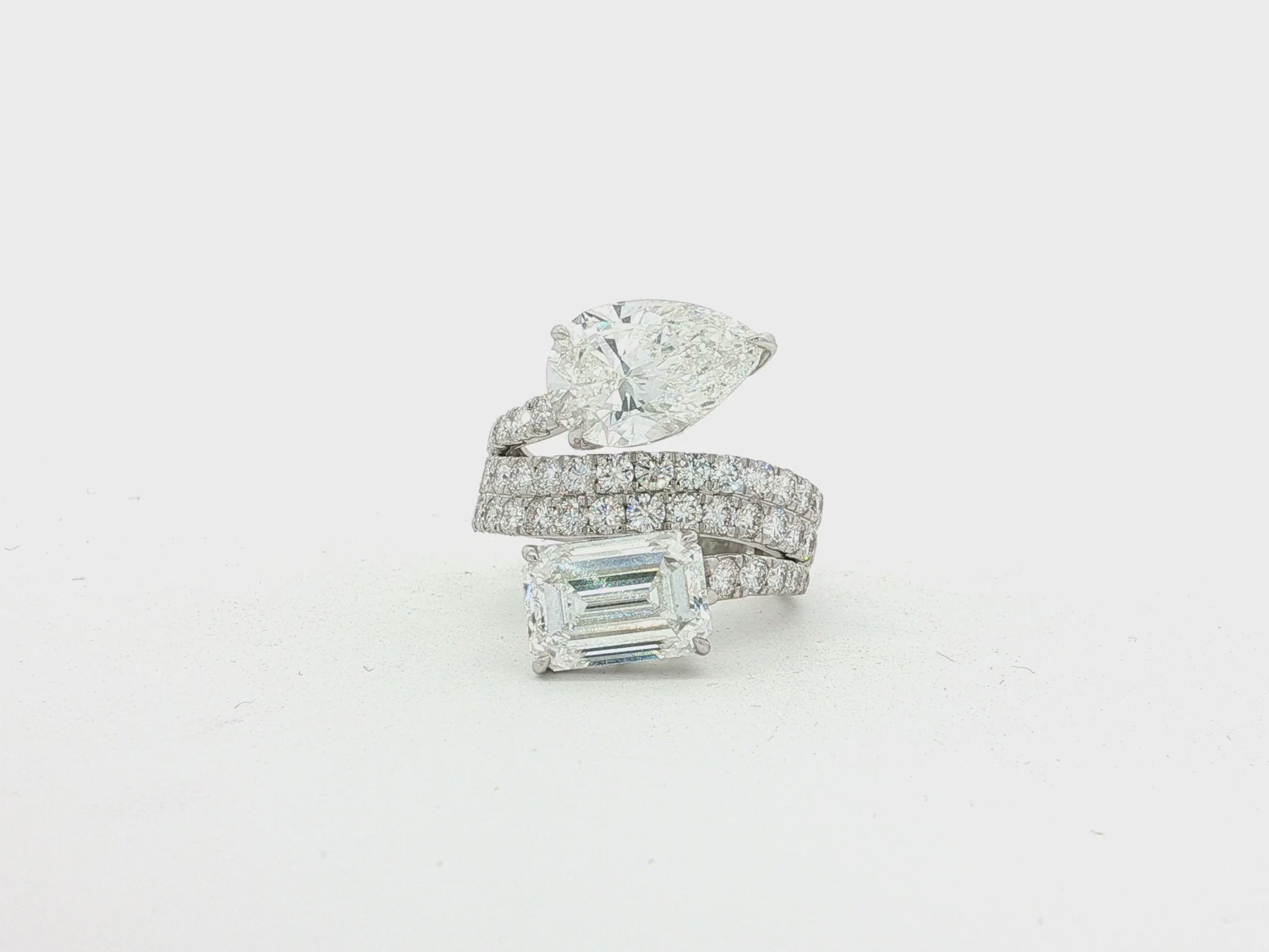 14K Gold Diamond Ring with Pear & Emerald-Cut Two-Stone Wrap Design 7.51ct