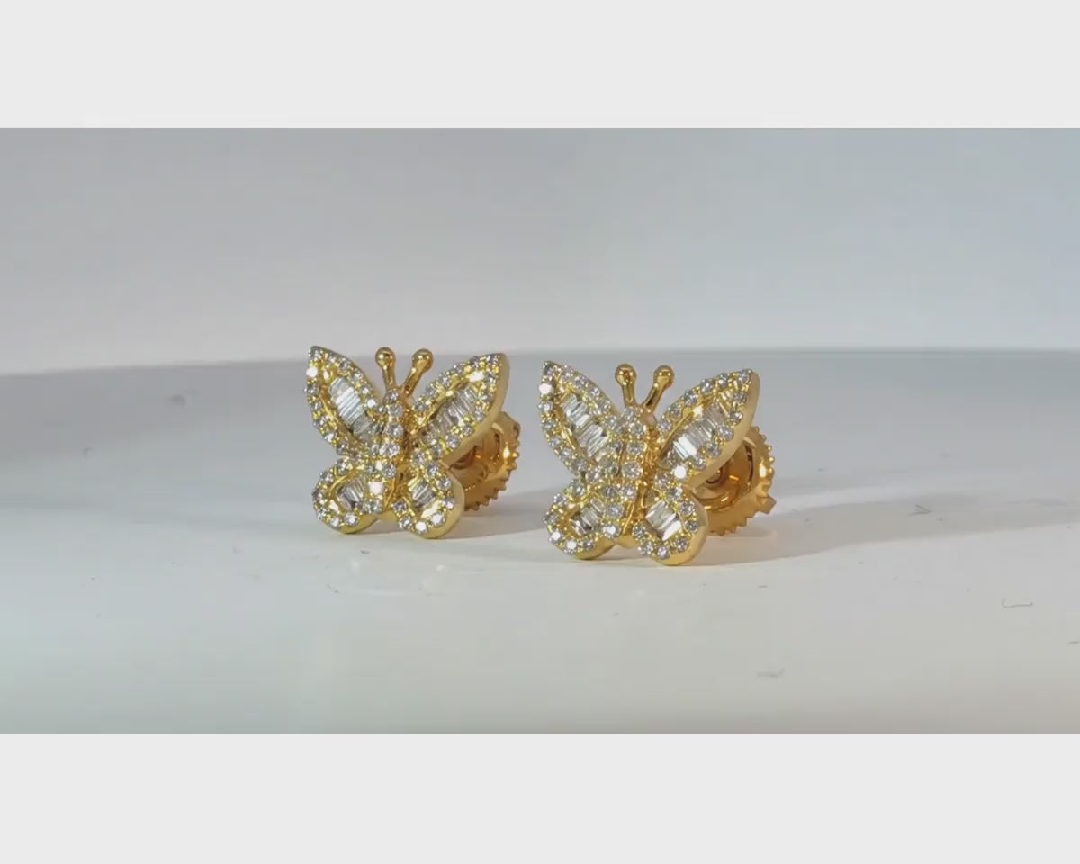 10k Gold Diamond Butterfly Earrings with Round & Baguette-Cut Accents 0.49ct – product video