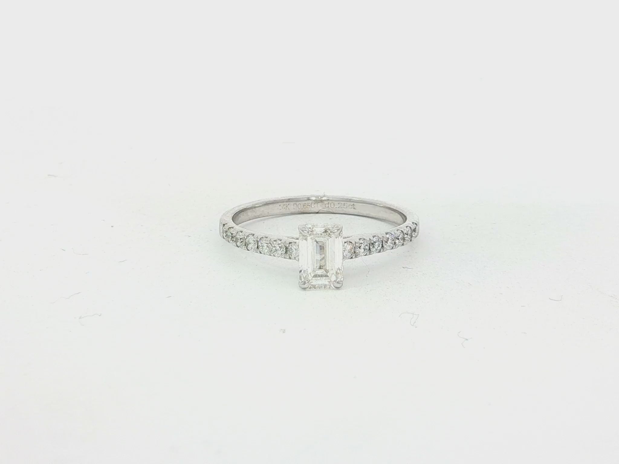 14k Gold Diamond Ring with Emerald-Cut Center and Pavé Band 0.90 CT